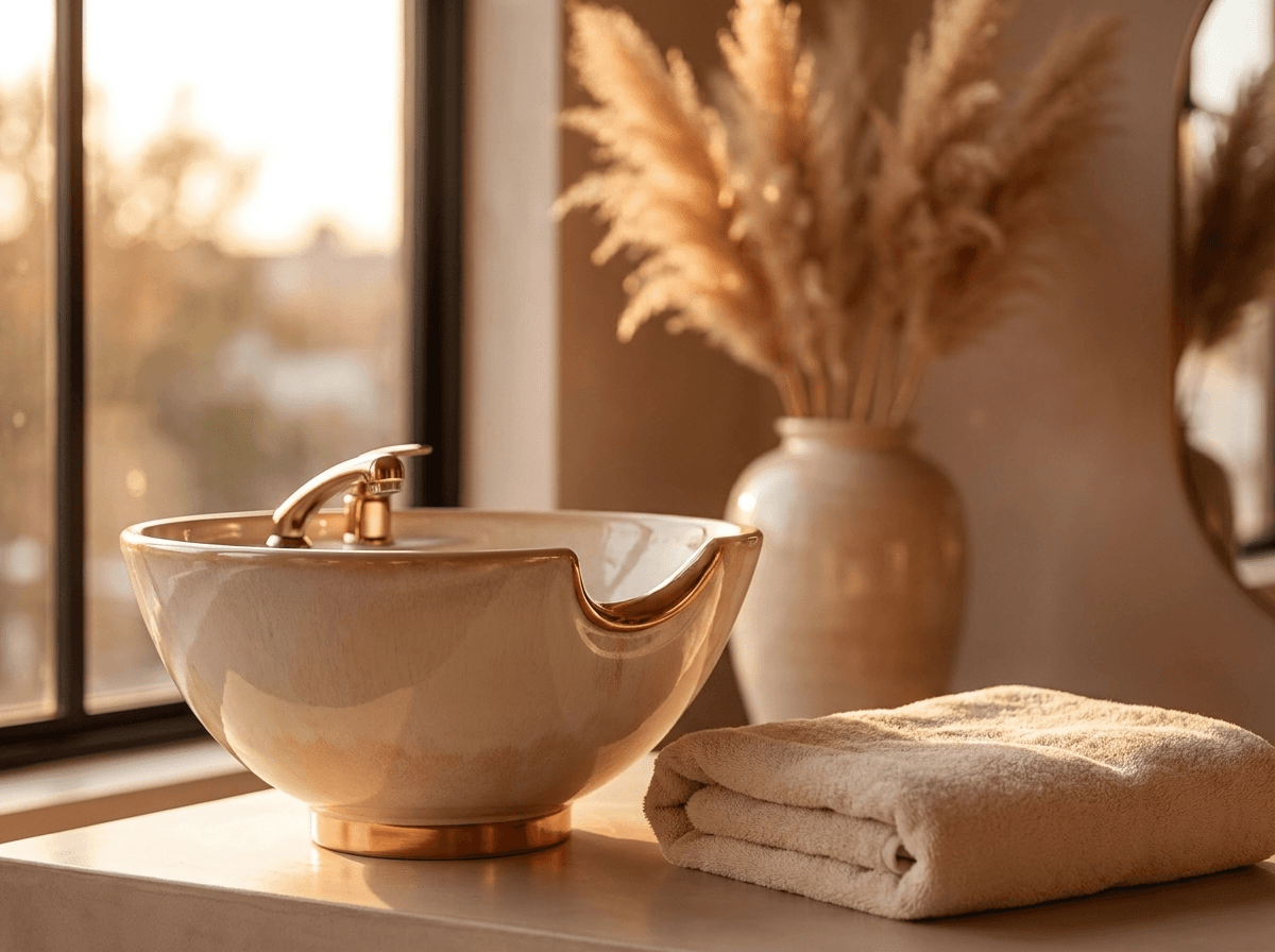 Elegantes Salon-Waschbecken mit gefaltetem Handtuch und Pampasgras im warmen Morgenlicht