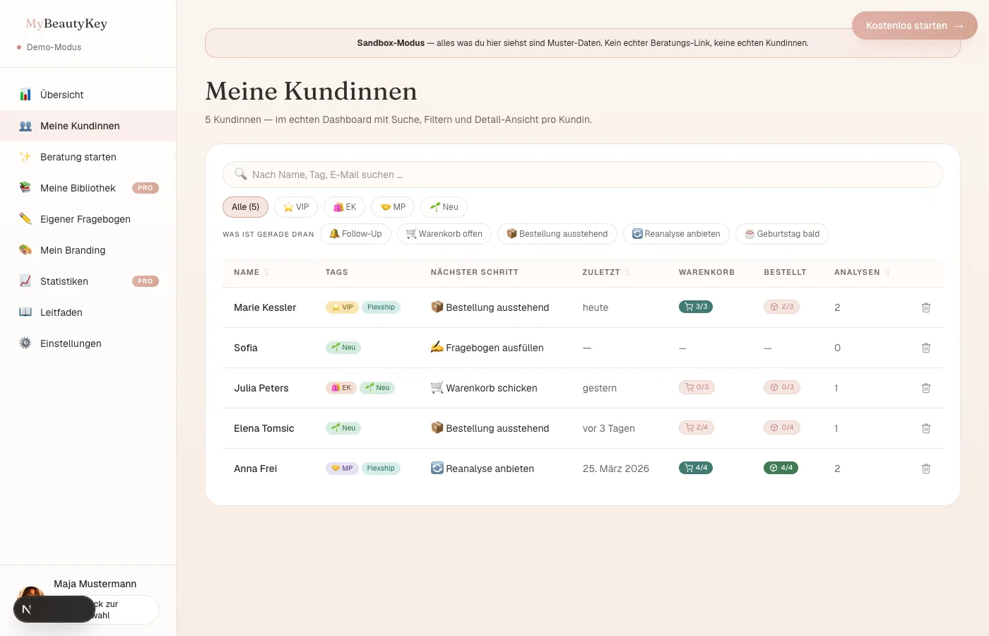 Kundinnen-Liste im Portal — 5 Kundinnen mit Segment-Kennzeichnung und nächstem Schritt