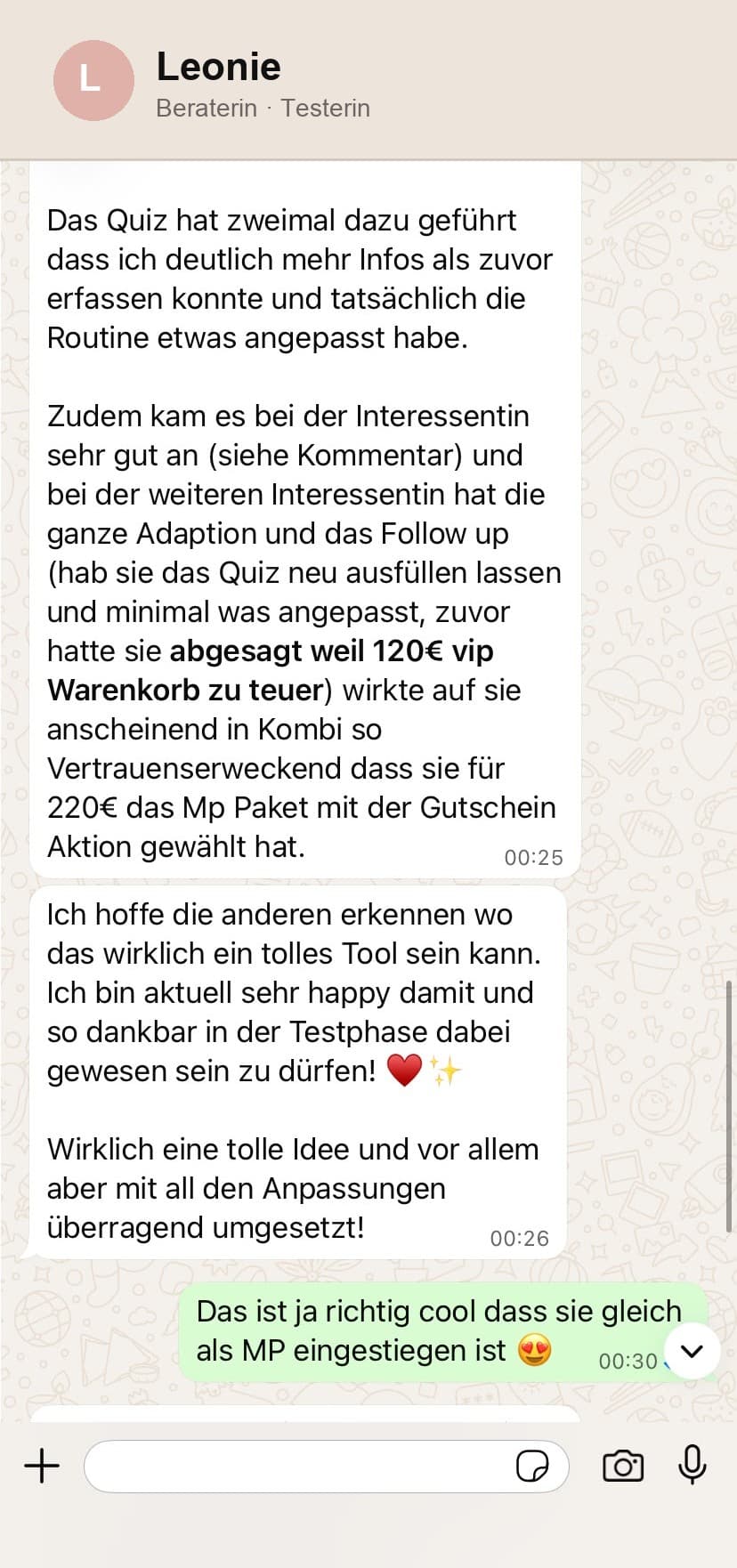 WhatsApp-Chat einer Testerin: Interessentin hatte den Warenkorb zuvor abgesagt, nach dem Fragebogen ein größeres Paket gebucht